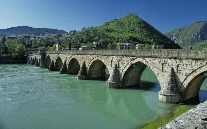 Stone Arch Bridge — Green, Serene, Afternoon, Photograph, River, Mountain