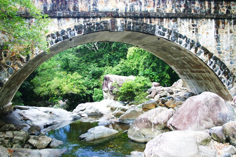 Stone Arch Bridge — Green, Serene, Afternoon, Photograph, River, Rocks