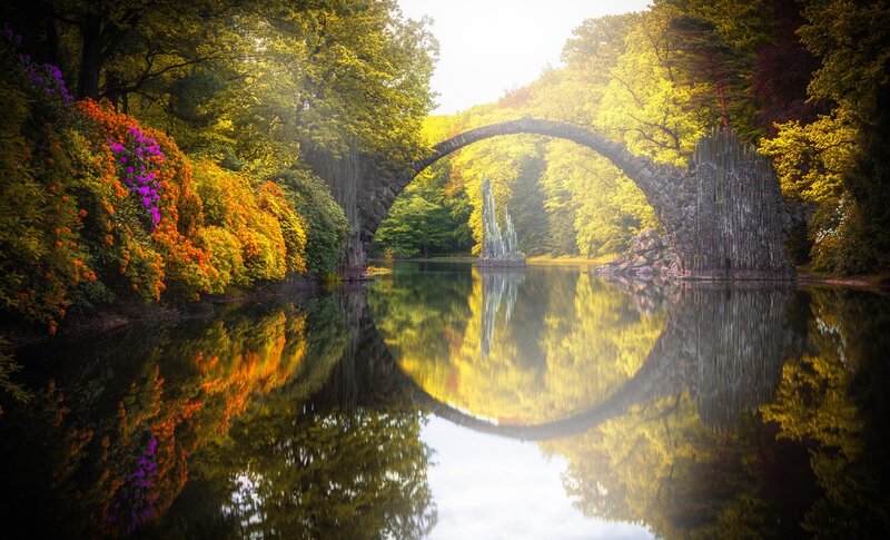 Stone Arch Bridge — Green, Serene, Afternoon, Photograph, River, Trees, Flowers