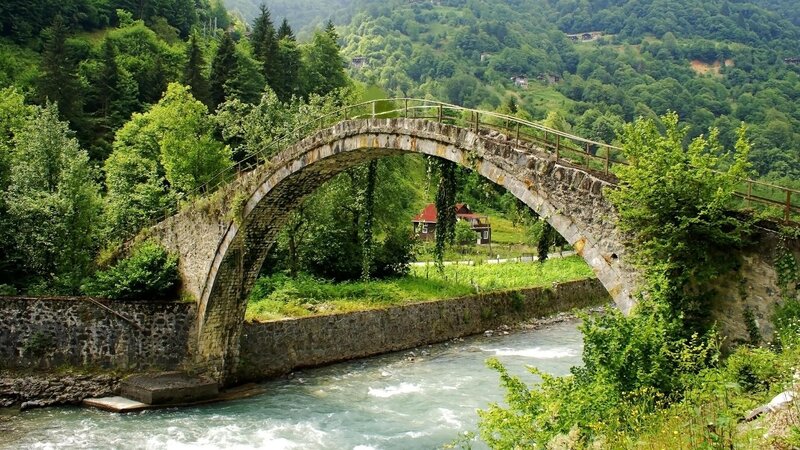 Stone Arch Bridge — Green, Serene, Afternoon, Photograph, River, Trees, Hills