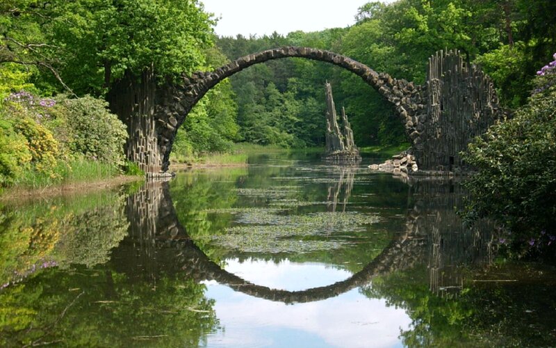 Stone Arch Bridge — Green, Serene, Afternoon, Photograph, River, Trees, Lily Pads