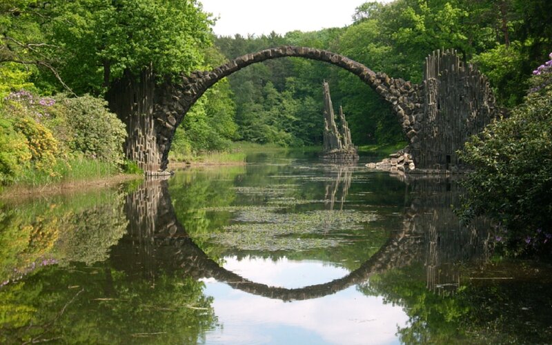 Stone Arch Bridge — Green, Serene, Afternoon, Photograph, River, Trees, Reflection