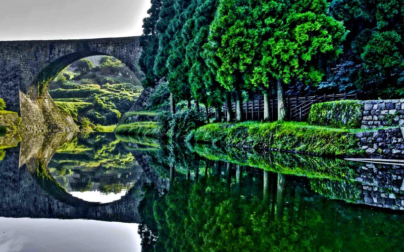 Stone Arch Bridge — Green, Serene, Afternoon, Photograph, River, Trees, Tunnel
