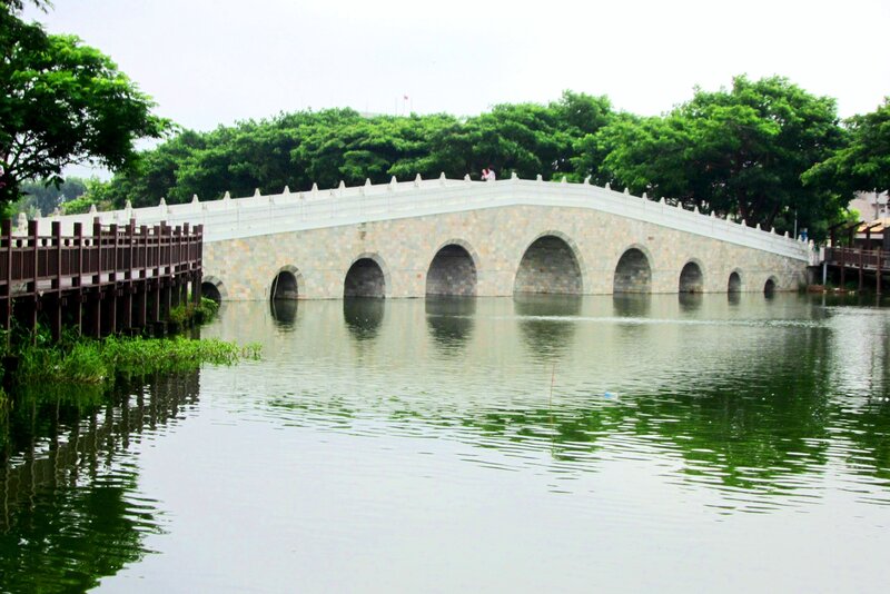 Stone Arch Bridge — Green, Serene, Afternoon, Photograph, River, Trees, Walkway