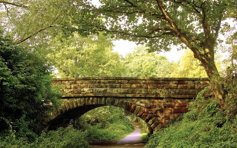 Stone Arch Bridge — Green, Serene, Afternoon, Photograph, Trees, Path