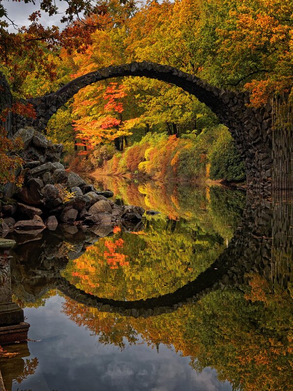 Stone Arch Bridge — Green, Serene, Autumn, Photograph, River, Trees, Reflection