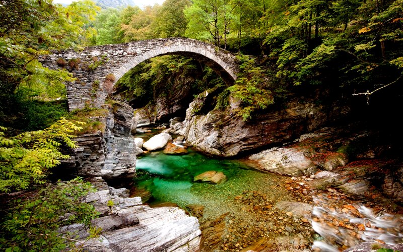 Stone Arch Bridge — Green, Serene, Autumn, Photograph