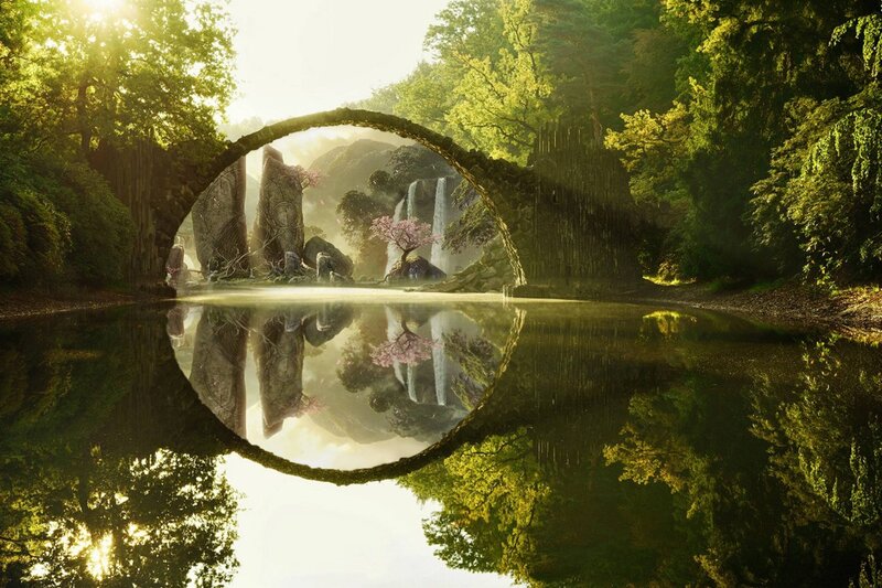 Stone Arch Bridge — Green, Serene, Morning, Digital Art