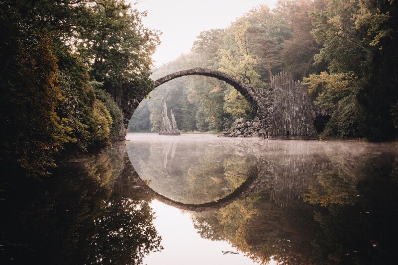 Stone Arch Bridge — Green, Serene, Morning, Photograph, River, Trees, Fog