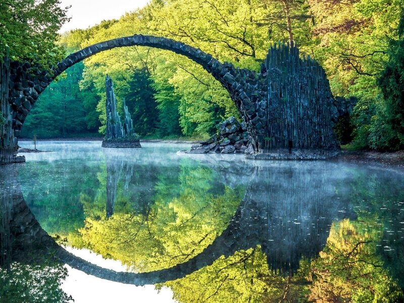 Stone Arch Bridge — Green, Serene, Morning, Photograph, River, Trees, Reflection