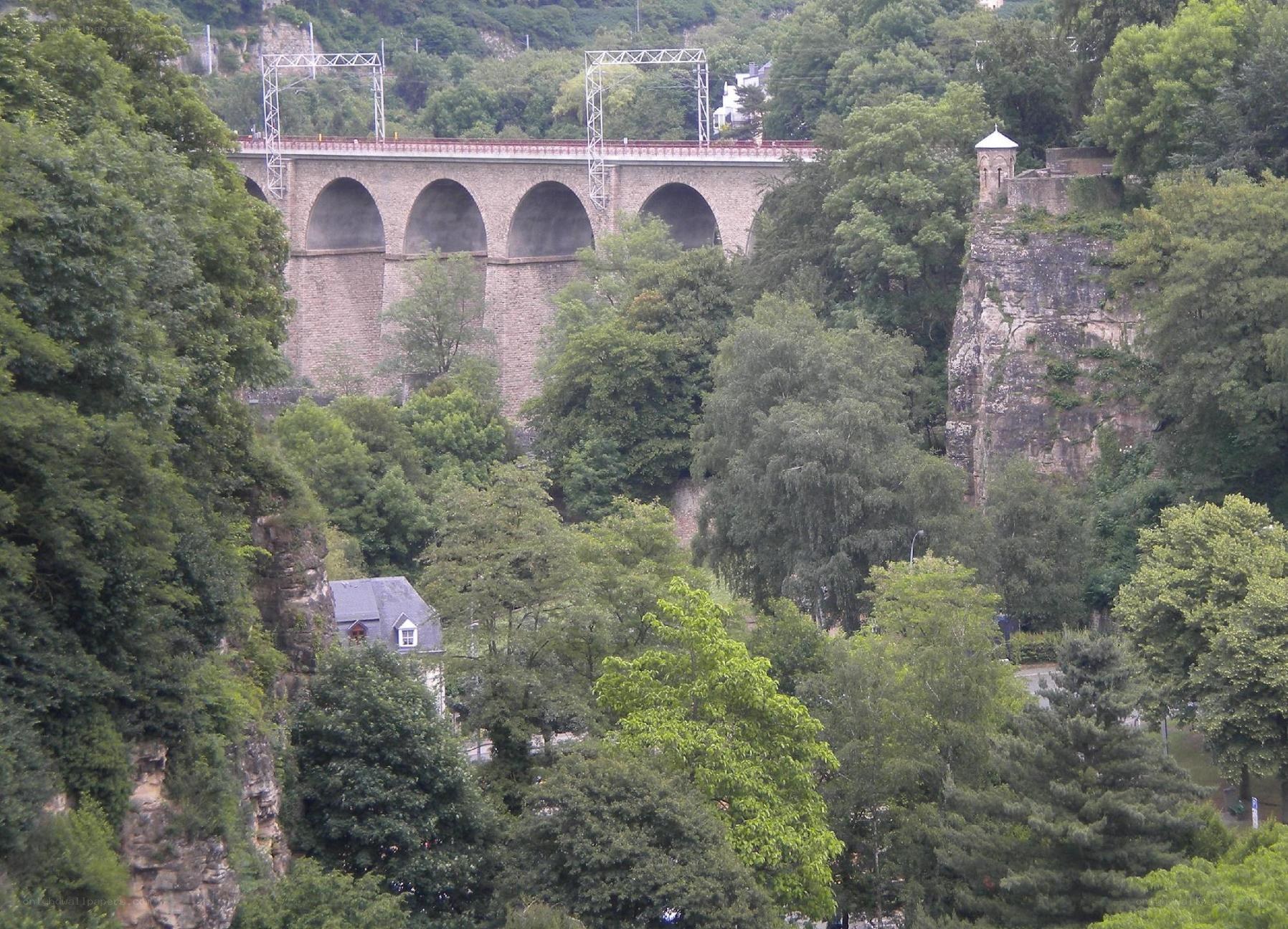 Stone arch bridge in forested valley