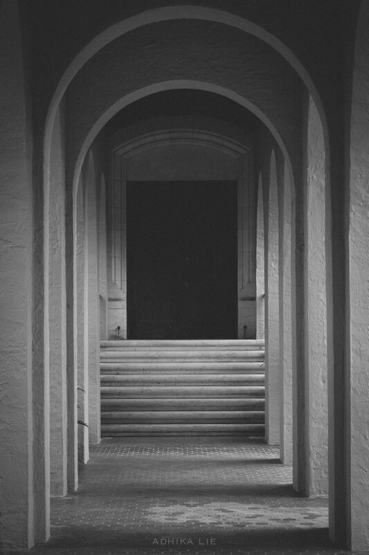 Stone Archway Corridor — Black, Dramatic