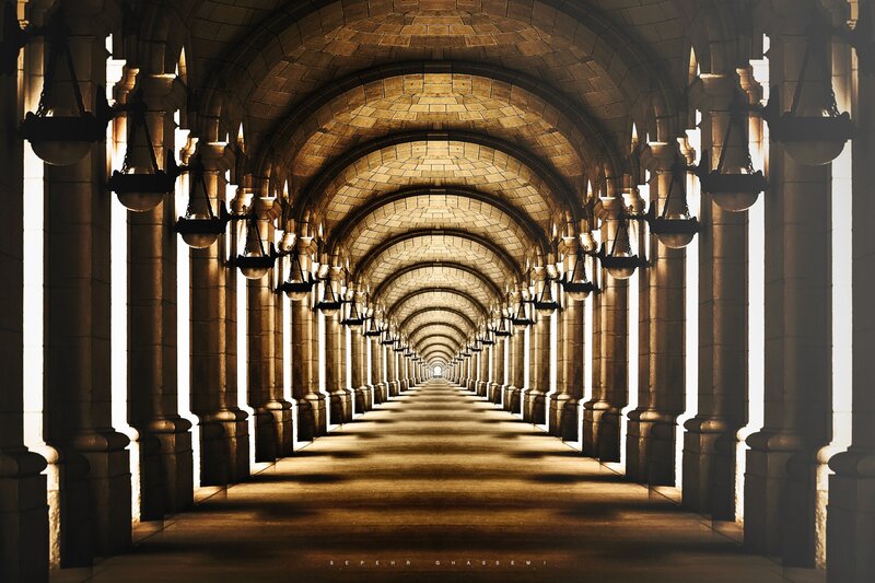 Stone Archway Corridor — Brown, Dramatic, Night