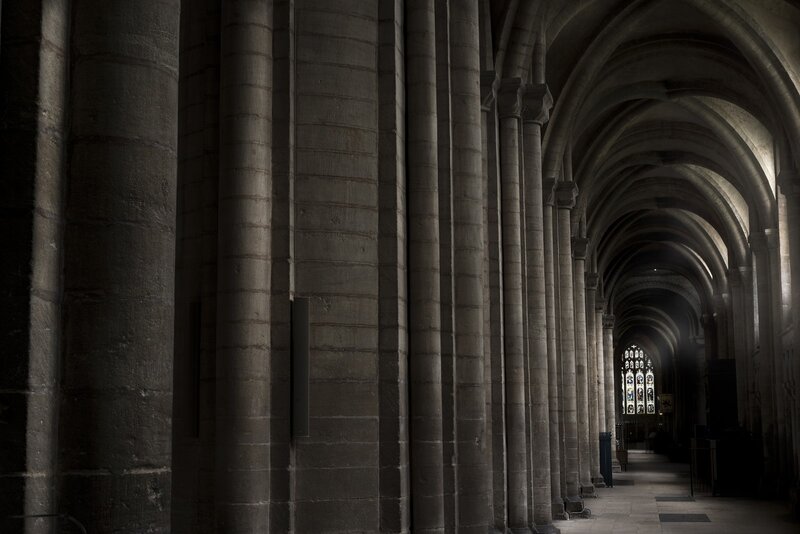 Stone Archway Corridor — Gray, Dramatic, Photograph