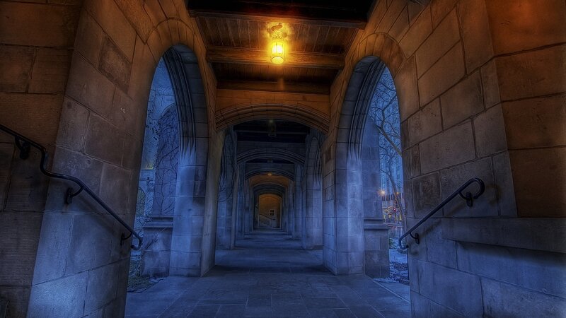 Stone Archway Corridor — Gray, Dramatic
