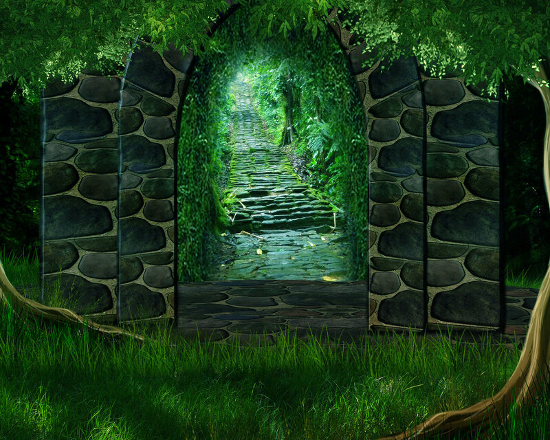 Stone Archway in Forest — Green, Serene, Morning