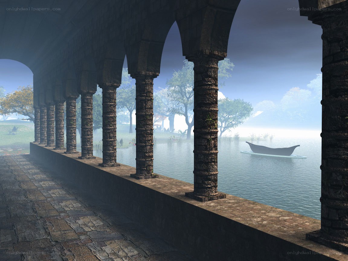 Stone archway overlooking a misty lake