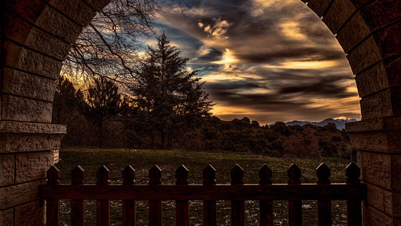 Stone Archway View — Brown, Dramatic, Sunset