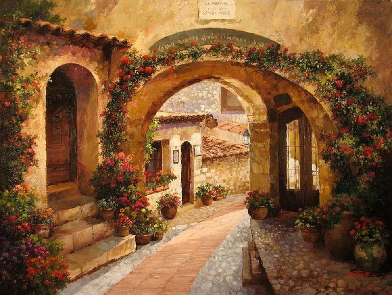 Stone Archway with Flowers — Brown, Serene, Afternoon