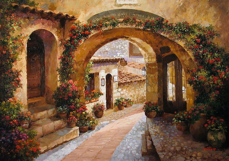 Stone Archway with Flowers — Brown, Serene
