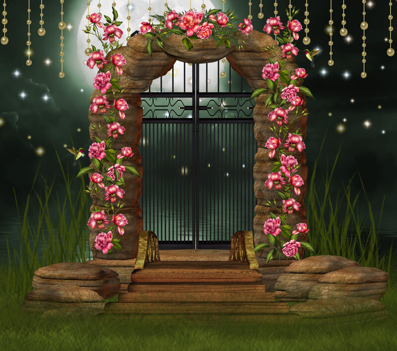 Stone Archway with Flowers — Green, Serene, Night