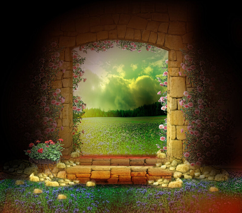 Stone Archway with Flowers — Green