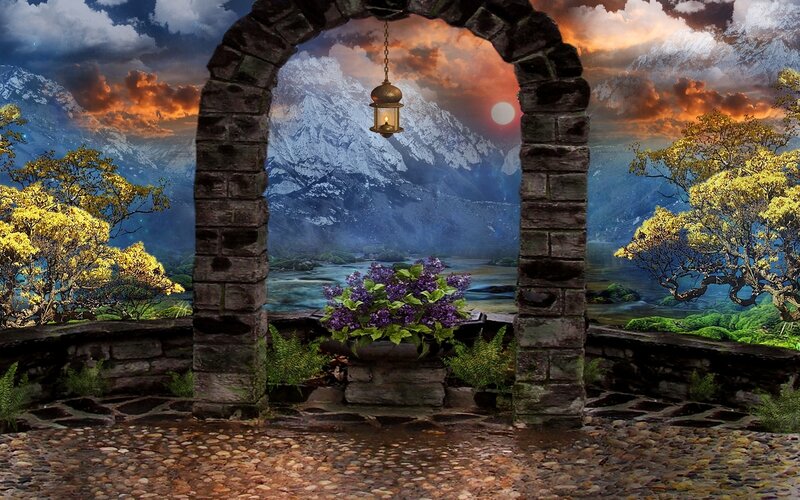 Stone Archway with Flowers — Purple, Dramatic, Sunset