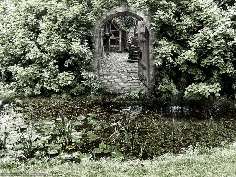 Stone Archway with Pond — Green, Serene
