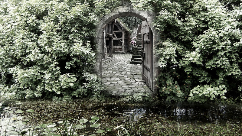 Stone Archway with Pond — Green