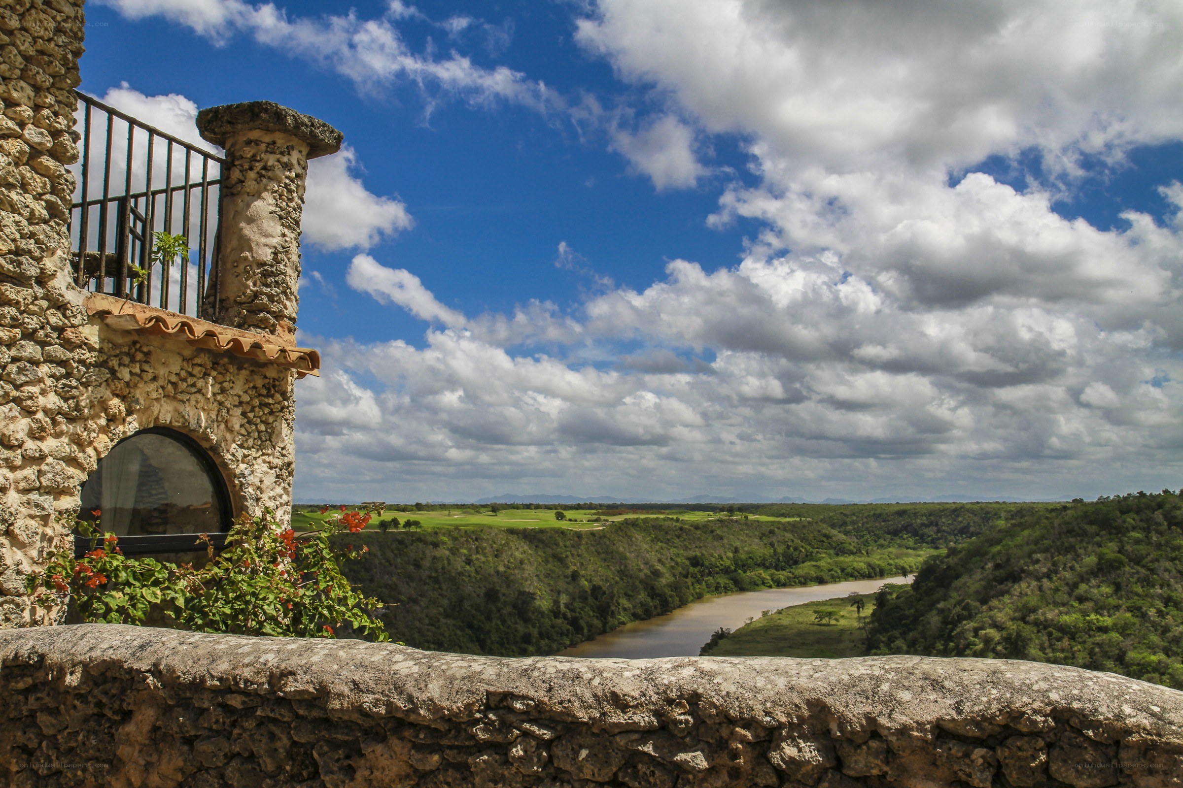 Stone balcony overlooking a river valley