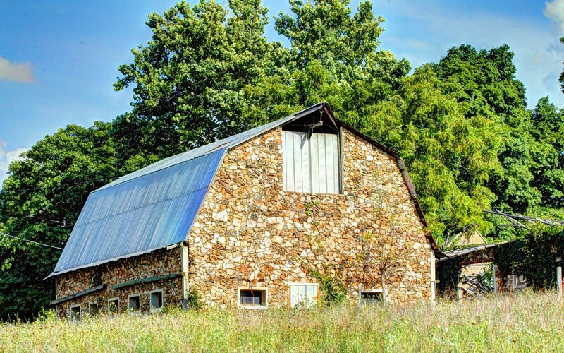 Stone Barn in Field — Blue, Serene