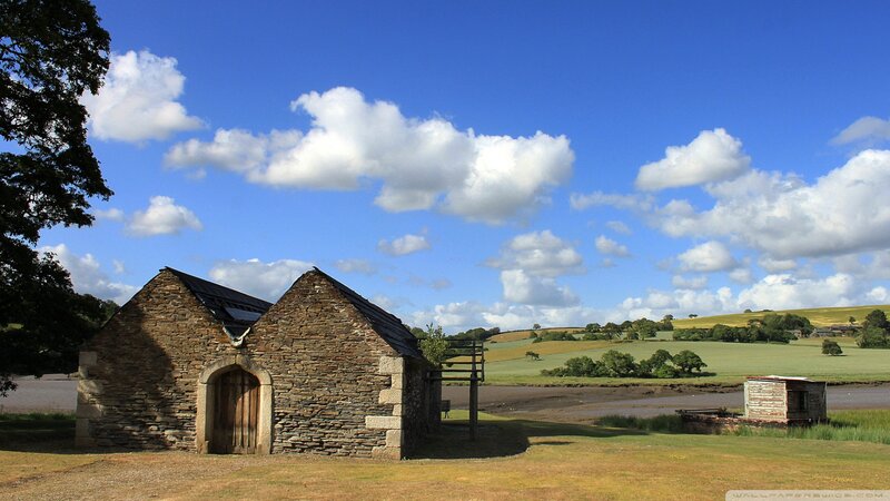 Stone Barn in Field — Blue