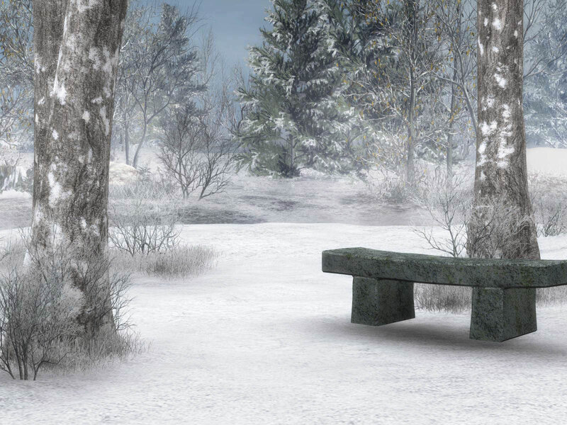 Stone Bench in Snow — White, Serene