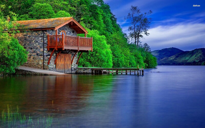 Stone Boathouse on Lake — Blue, Serene, Afternoon, Photograph