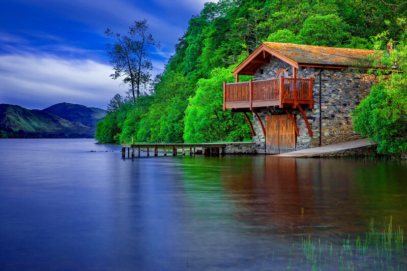 Stone Boathouse on Lake — Blue, Serene