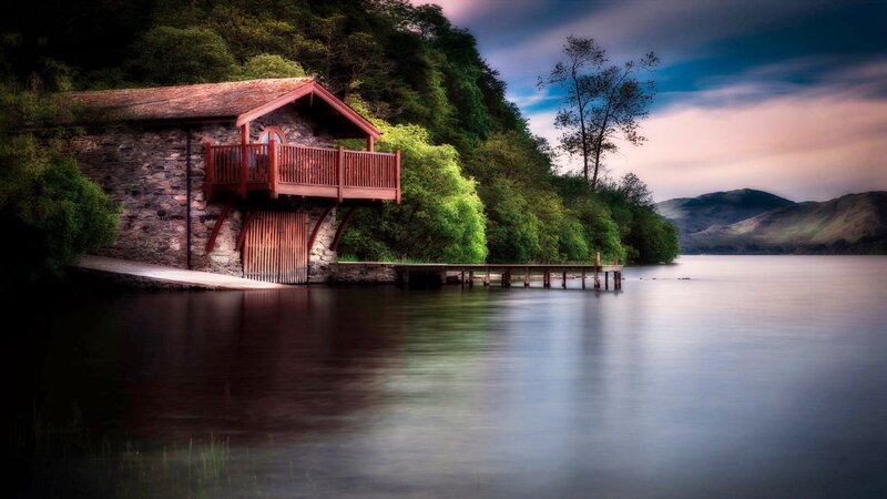 Stone Boathouse on Lake — Blue
