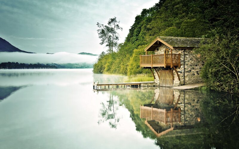 Stone Boathouse on Lake — Green, Serene