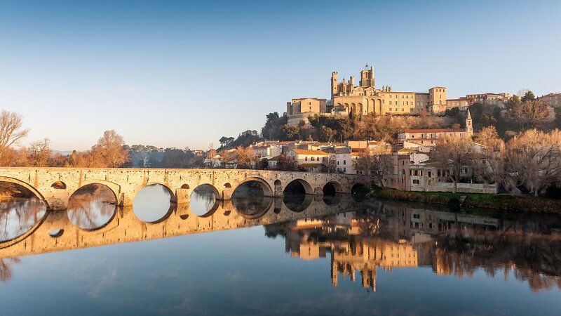 Stone Bridge and Cathedral — Blue, Serene, Morning, Photograph, River