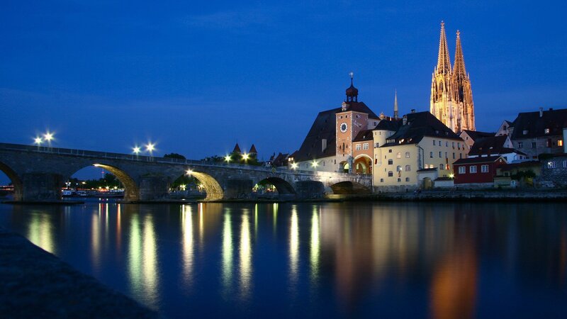 Stone Bridge and Cathedral — Blue, Serene, Night