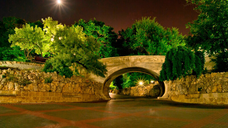 Stone Bridge at Night — Green, Serene, Photograph