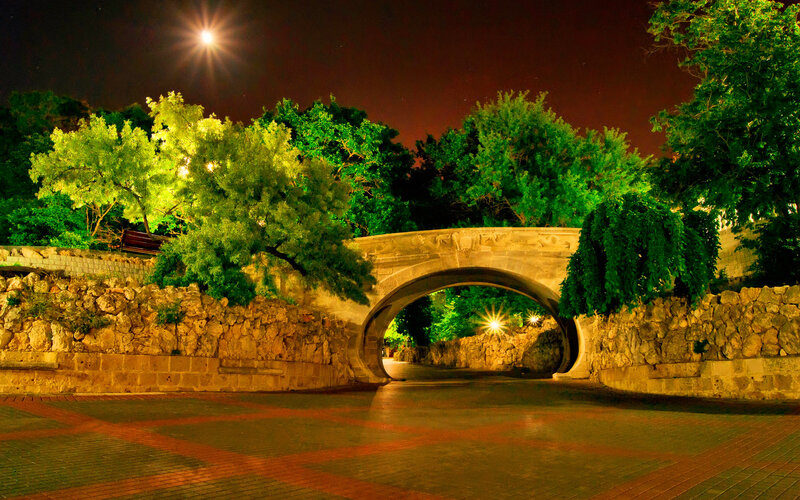 Stone Bridge at Night — Green, Serene