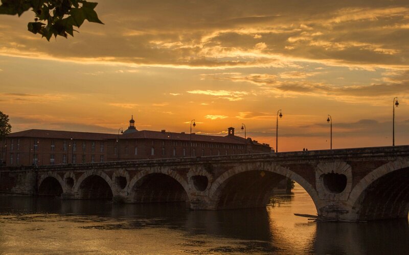 Stone Bridge at Sunset — Orange, Serene, Photograph
