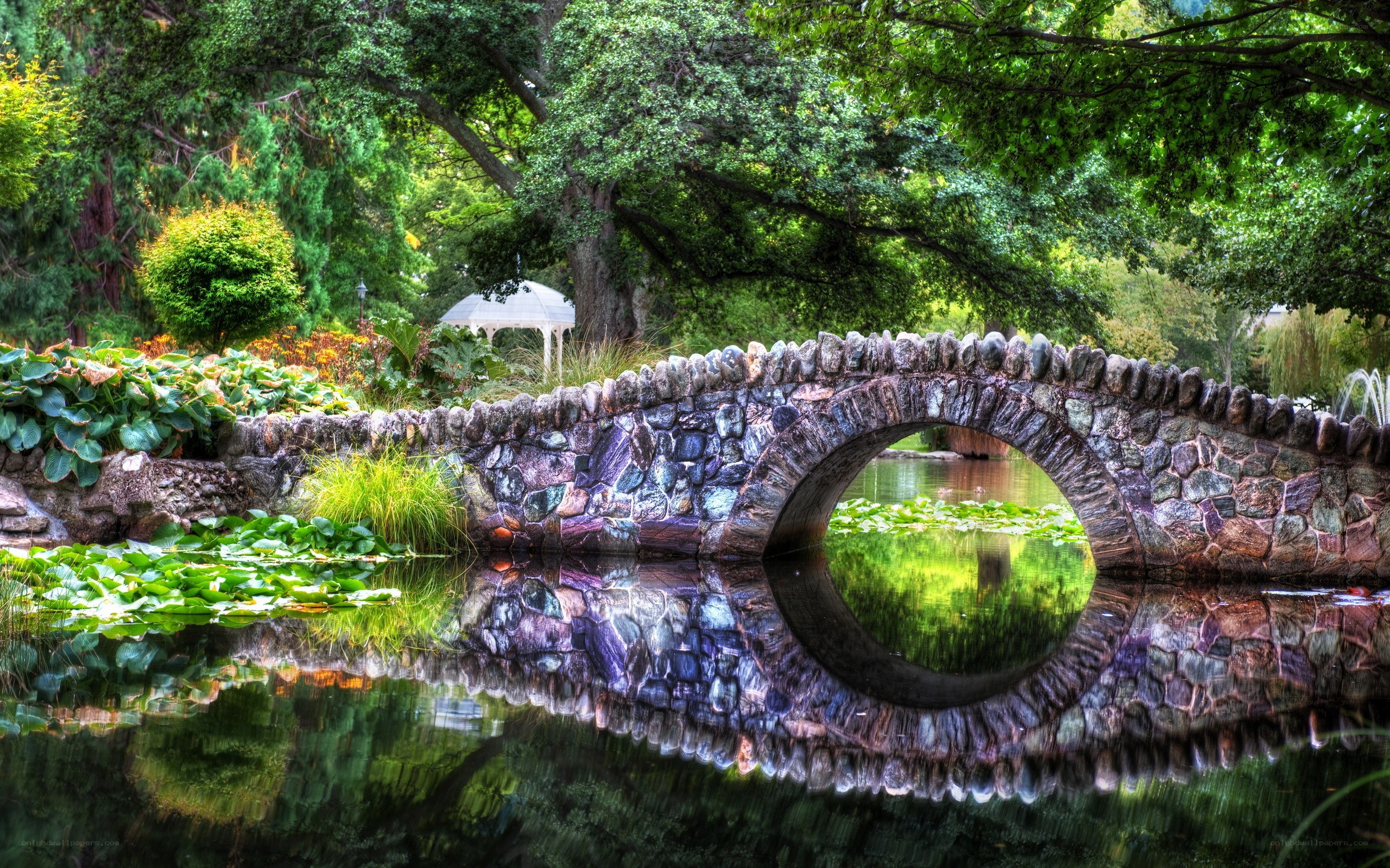 Stone bridge in a lush garden