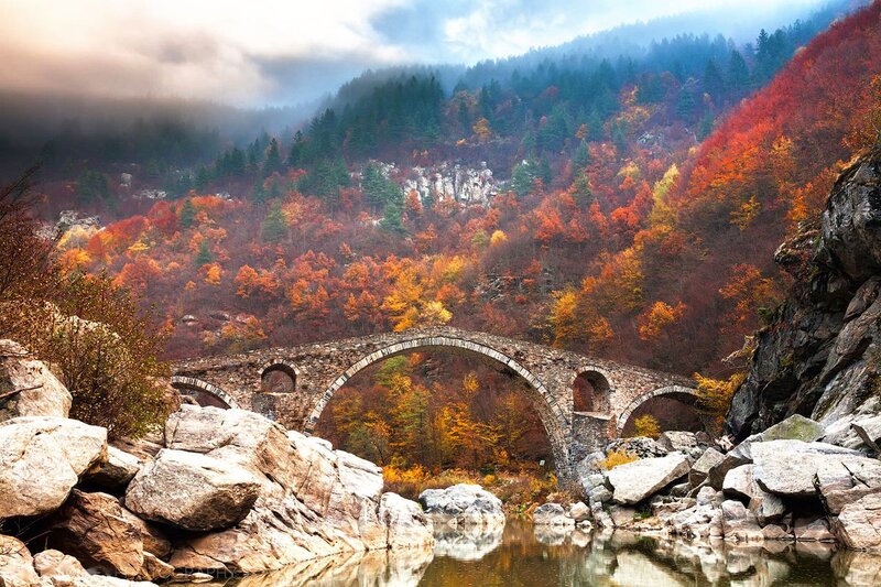 Stone Bridge in Autumn — Orange, Serene, Photograph