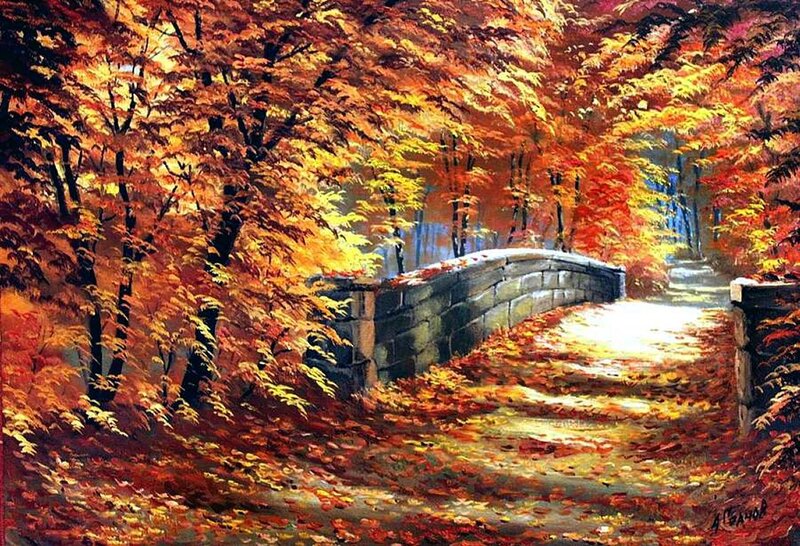 Stone Bridge in Autumn — Orange, Serene