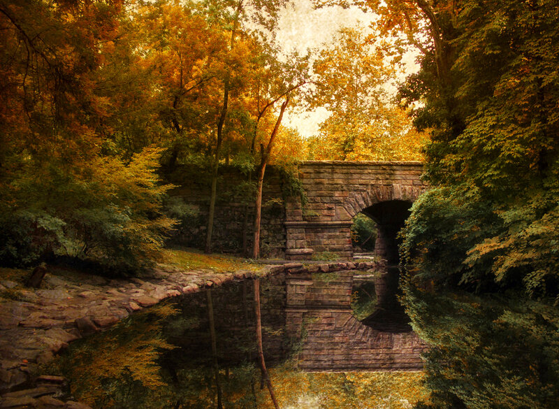 Stone Bridge in Forest — Green, Serene, Autumn