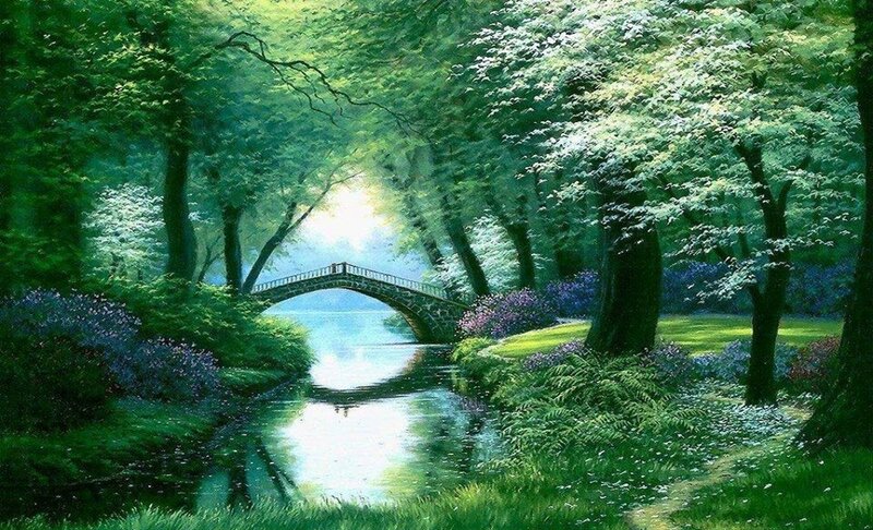 Stone Bridge in Forest — Green, Serene, Morning, Painting, River