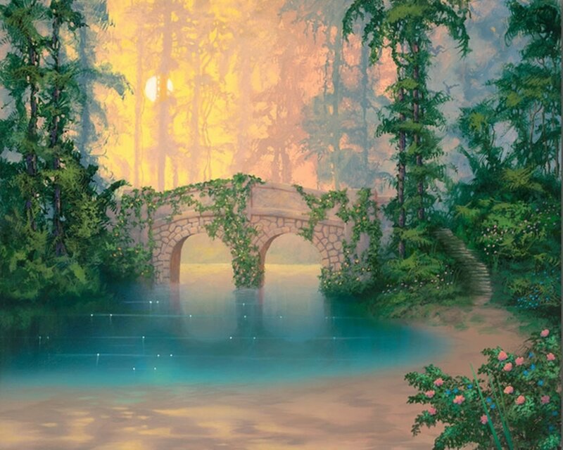 Stone Bridge in Forest — Green, Serene, Sunset