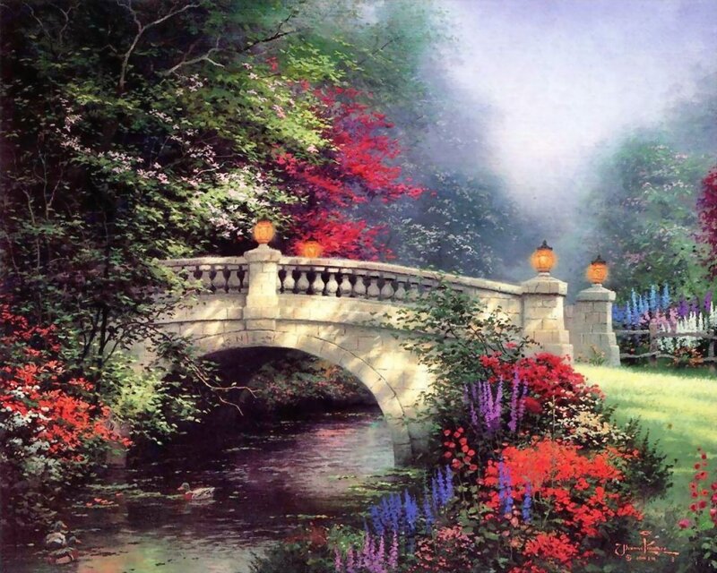 Stone Bridge in Garden — Green, Serene, Afternoon, Painting