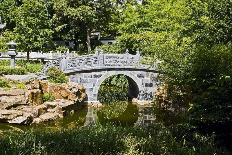 Stone Bridge in Garden — Green, Serene, Afternoon, Photograph